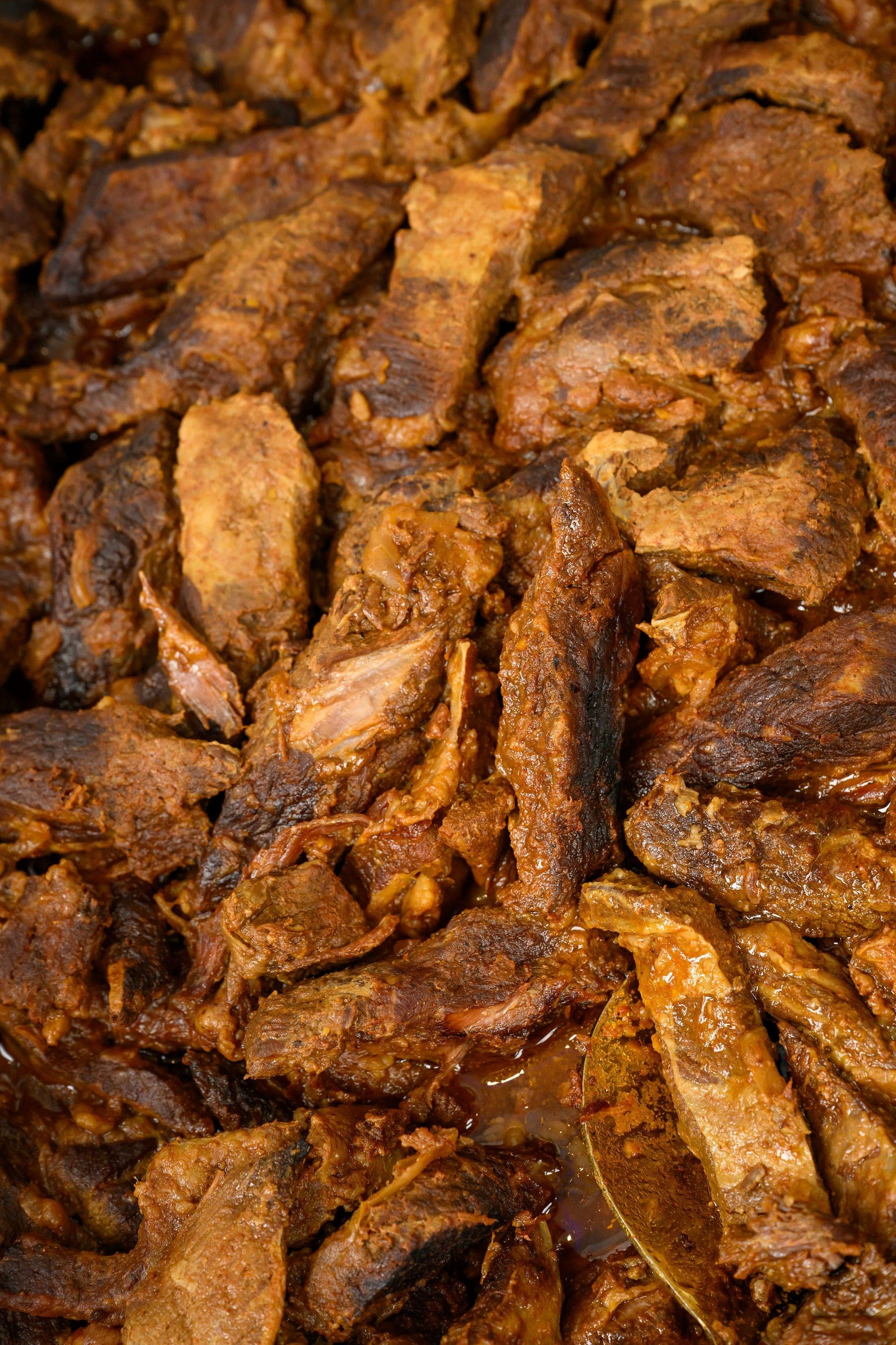 Pulled and sliced beef, close up