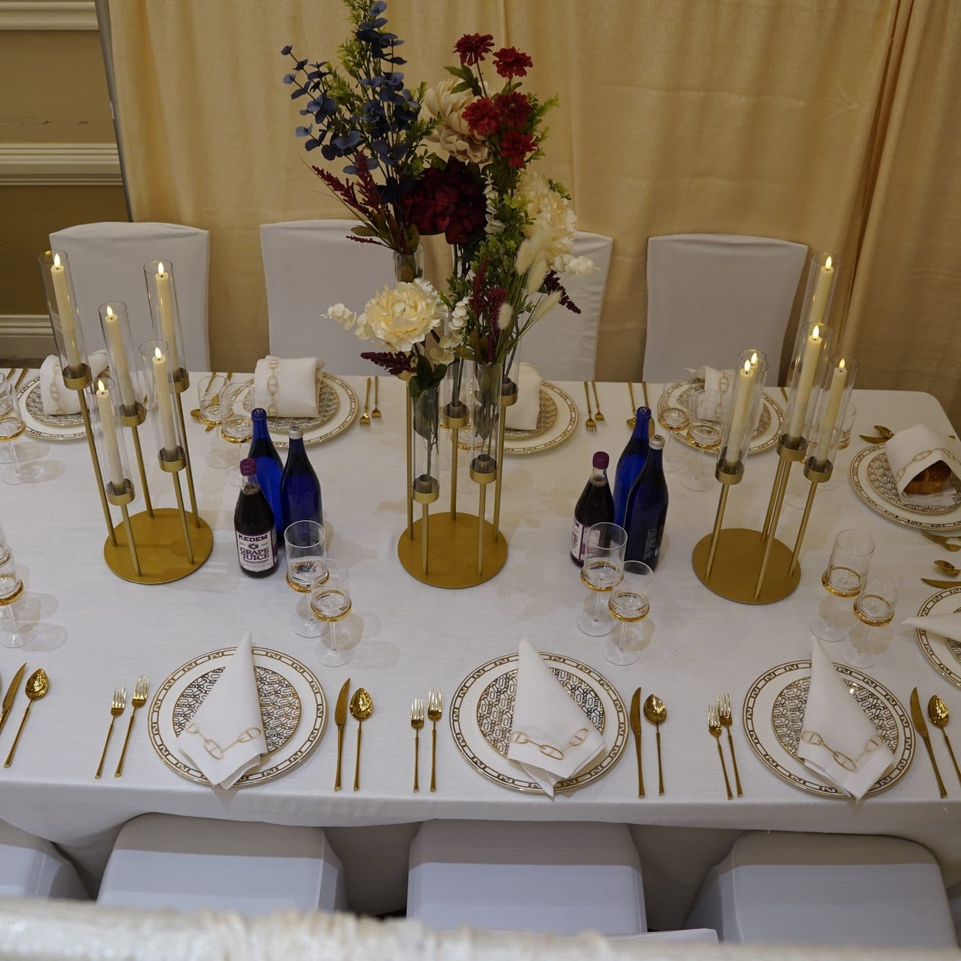 A hall dressed for a simcha