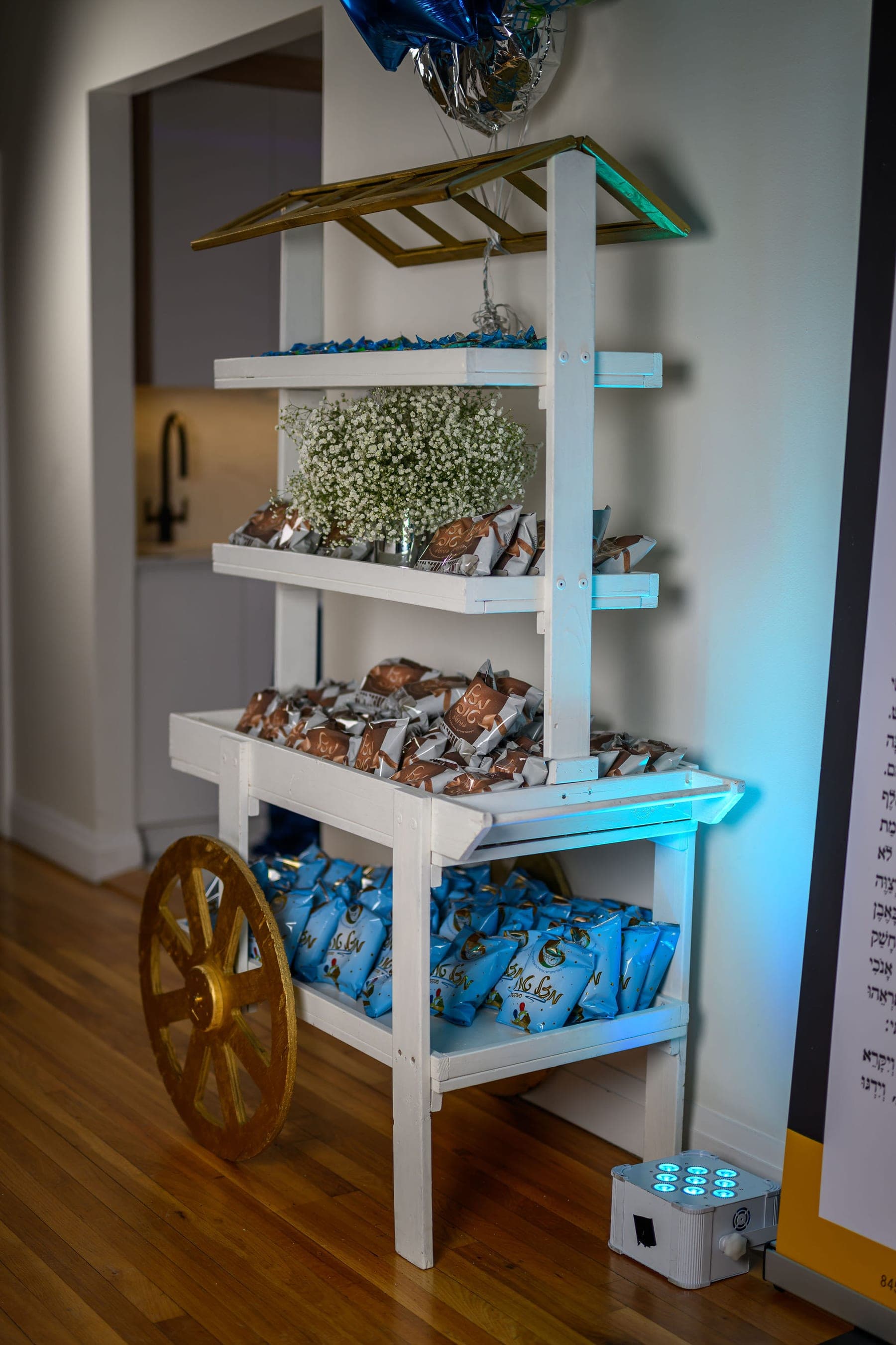 The nosh cart, sweets wrapped in blue on white shelves
